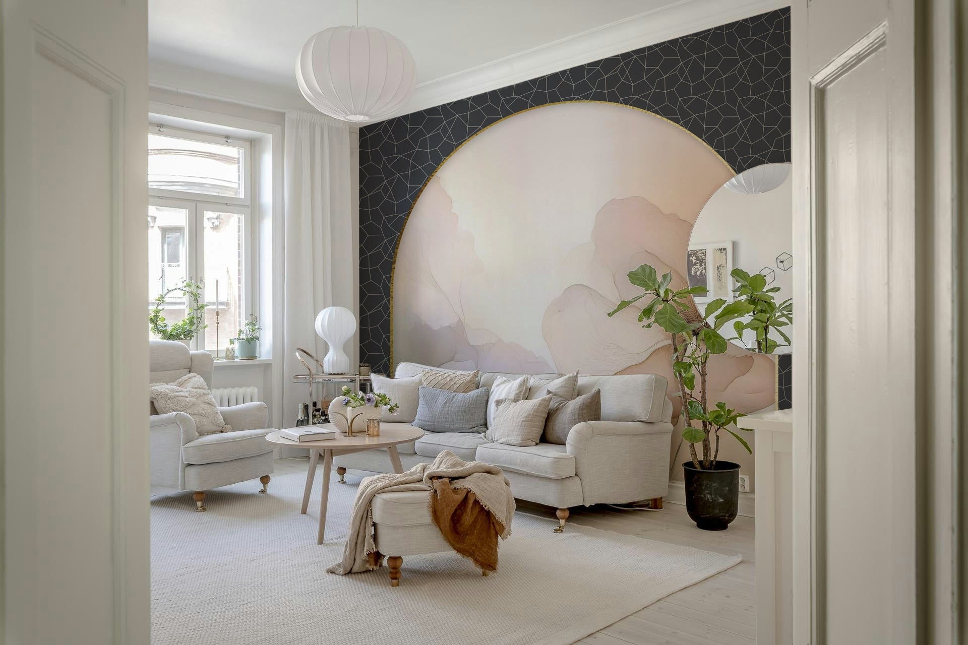 Cozy nursery decorated with the serene Dreamy Floral Archway Wall Mural., GD6330
