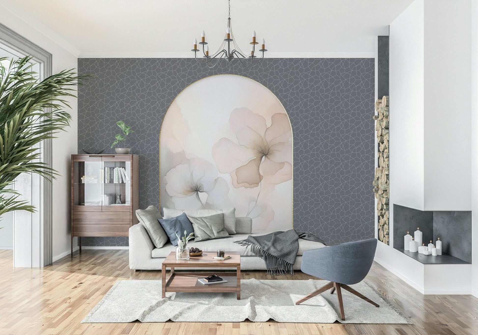Living area featuring the majestic Dreamy Floral Archway Wall Mural backdrop., GD6330
