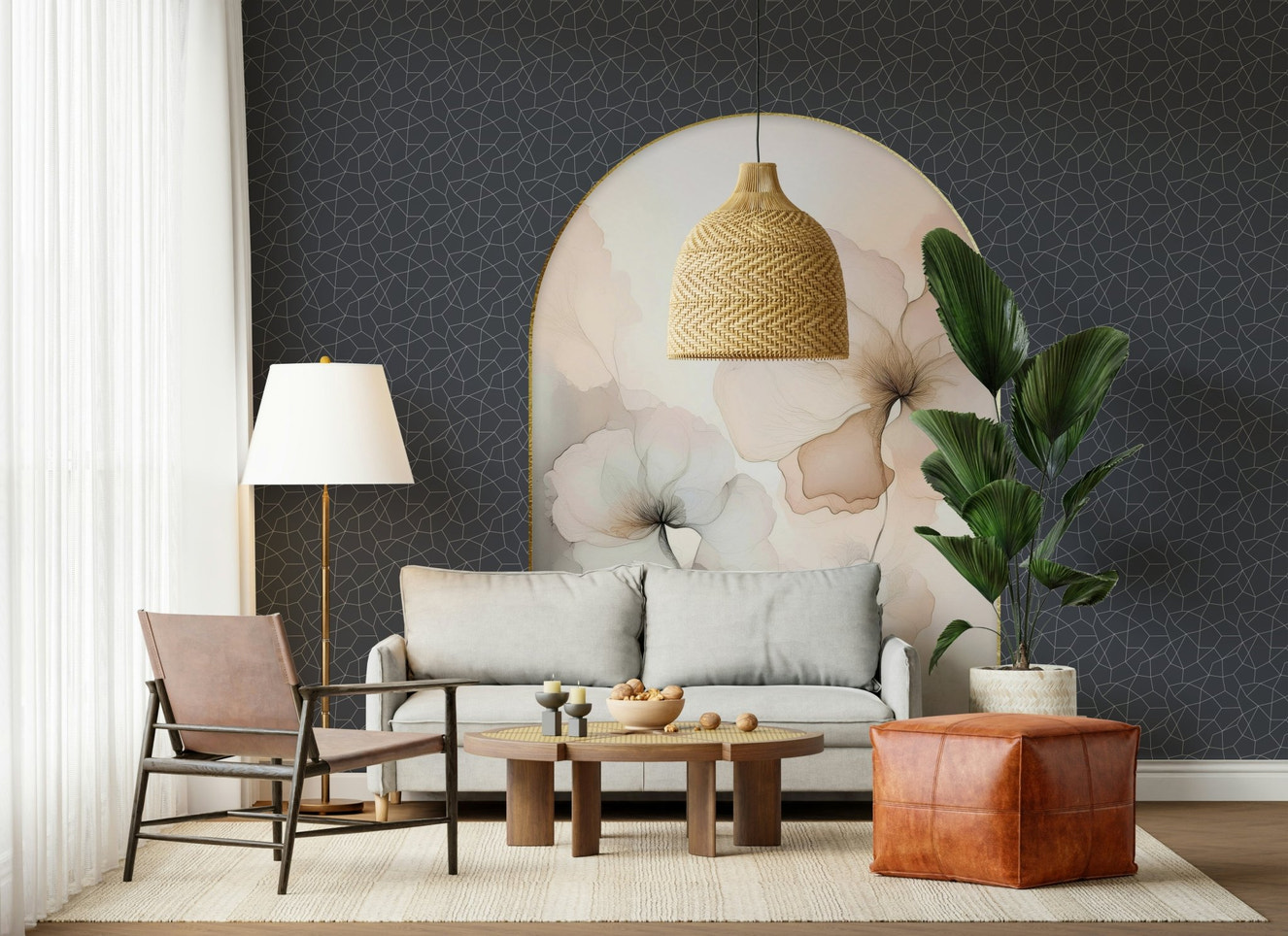 Dreamy Floral Archway Wall Mural behind a rustic wooden dining table.