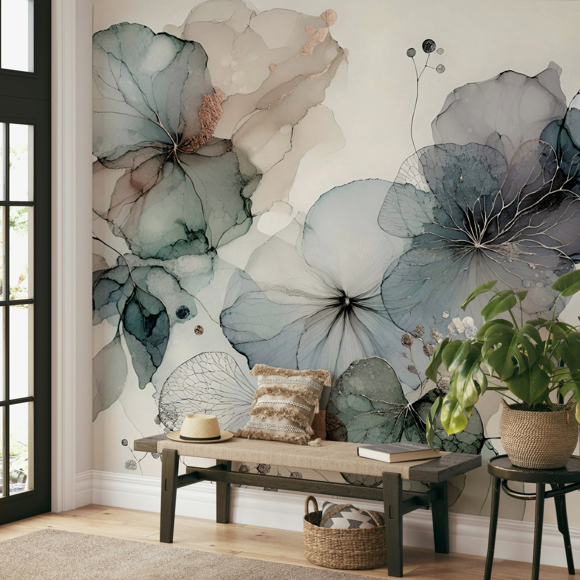 Floral wall mural with dreamy color tones.


