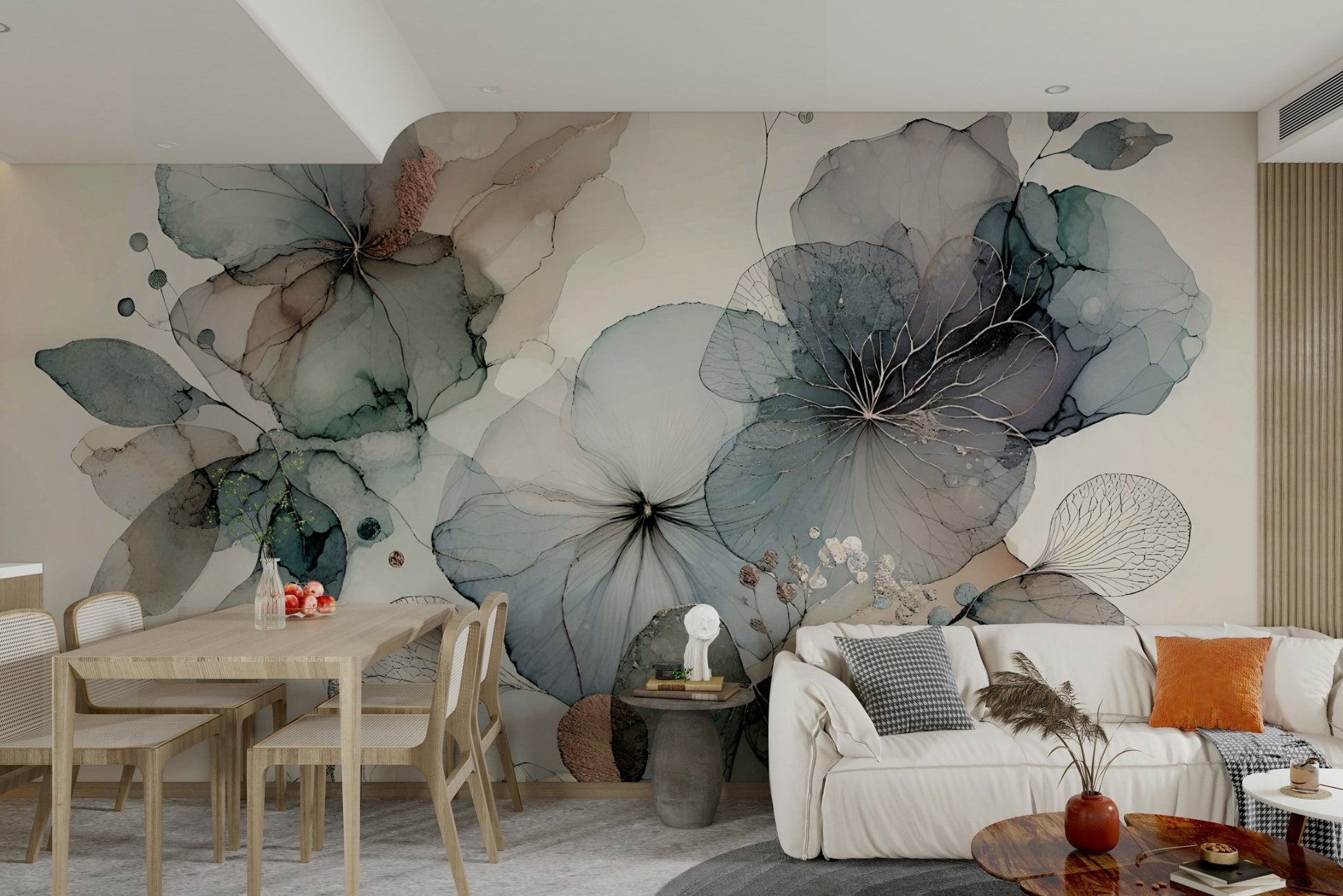 Elegant floral wall mural with delicate designs.

