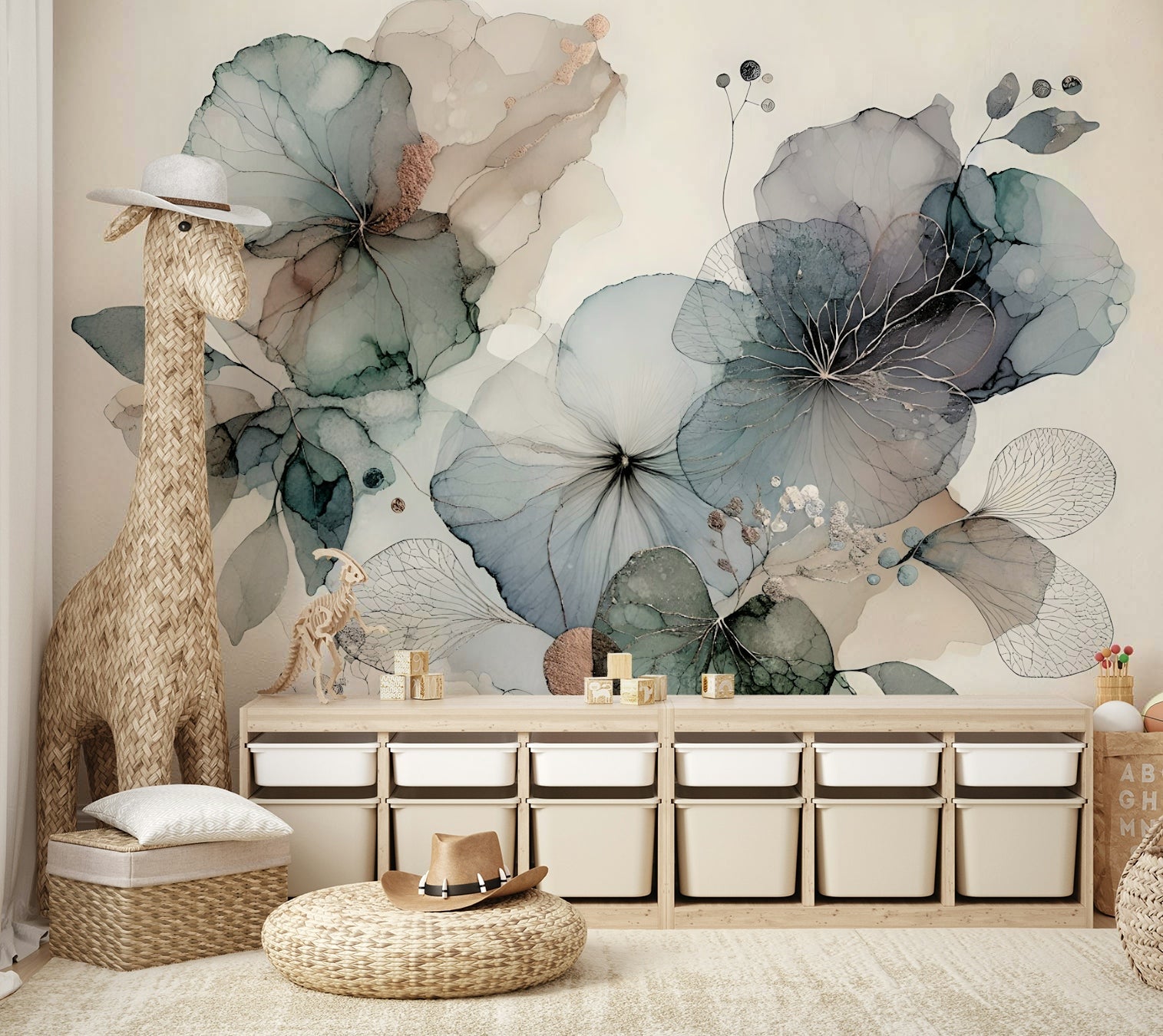 Soft pastel floral mural for a serene ambiance.

