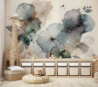 Soft pastel floral mural for a serene ambiance.

