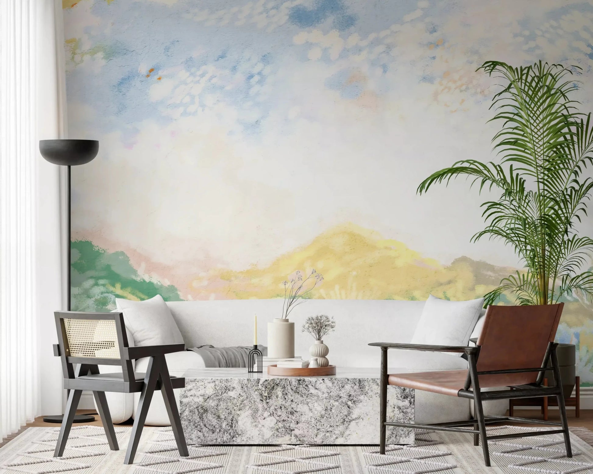 Pastel sky tones drift above a calm living room in this impressionist wall mural.GD9596