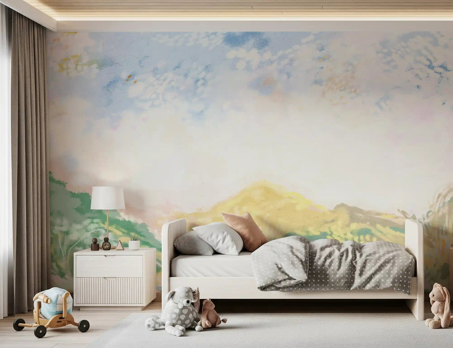 Open horizons unfold inside a relaxed kids room through this oils meadow wall mural.GD9596