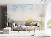 Pinks, blues, and cream layer into the open meadow wall mural without hard outlines.GD9596