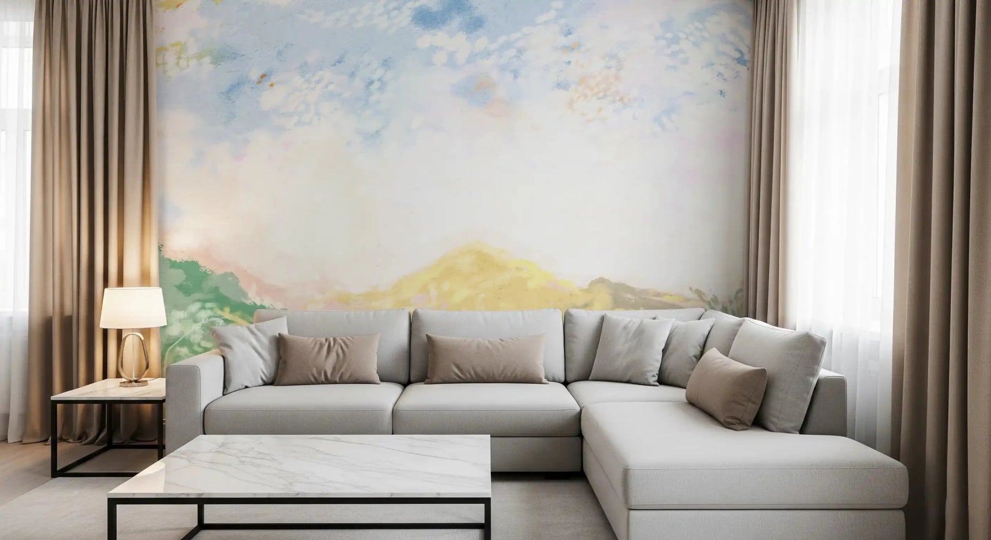 Within a sunlit living room, the dreamy meadow wall mural lends painterly depth.GD9596