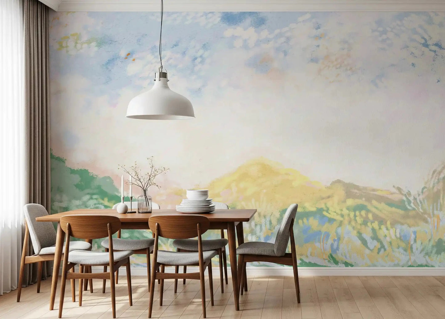 An unhurried horizon line moves through the painterly hues of this wall mural.GD9596