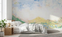 Hazy hilltops extend over a quiet bedroom through this painterly meadow wall mural.GD9596