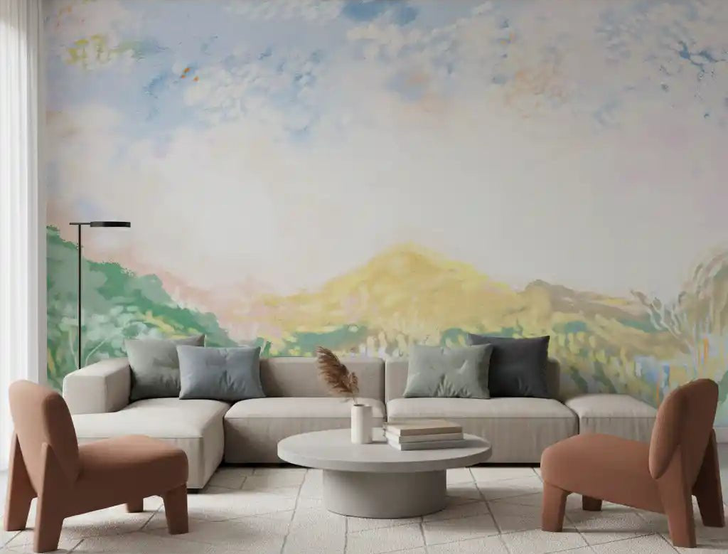Floating cloud tones lend a quiet living room dreamy mood with this meadow wall mural.GD9596