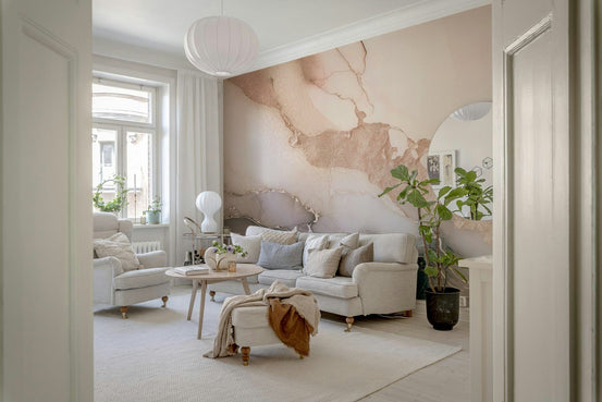 Modern living room featuring the beautiful Dreamy Mineral Layers Rose Gold Wall Mural., GD6310