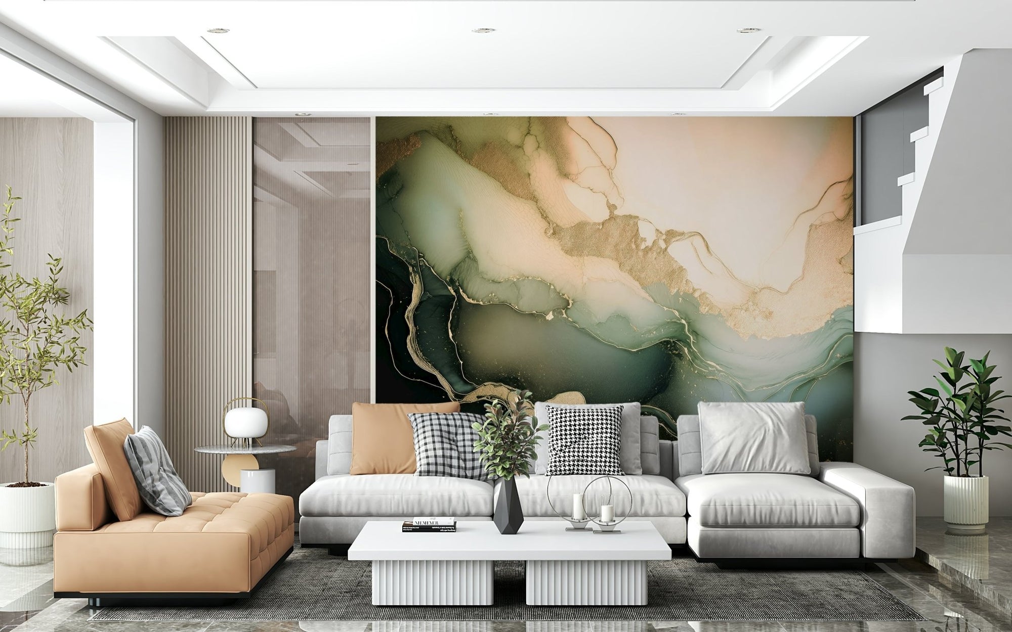 Modern living room featuring the beautiful Dreamy Mineral Layers Wall Mural., GD6309