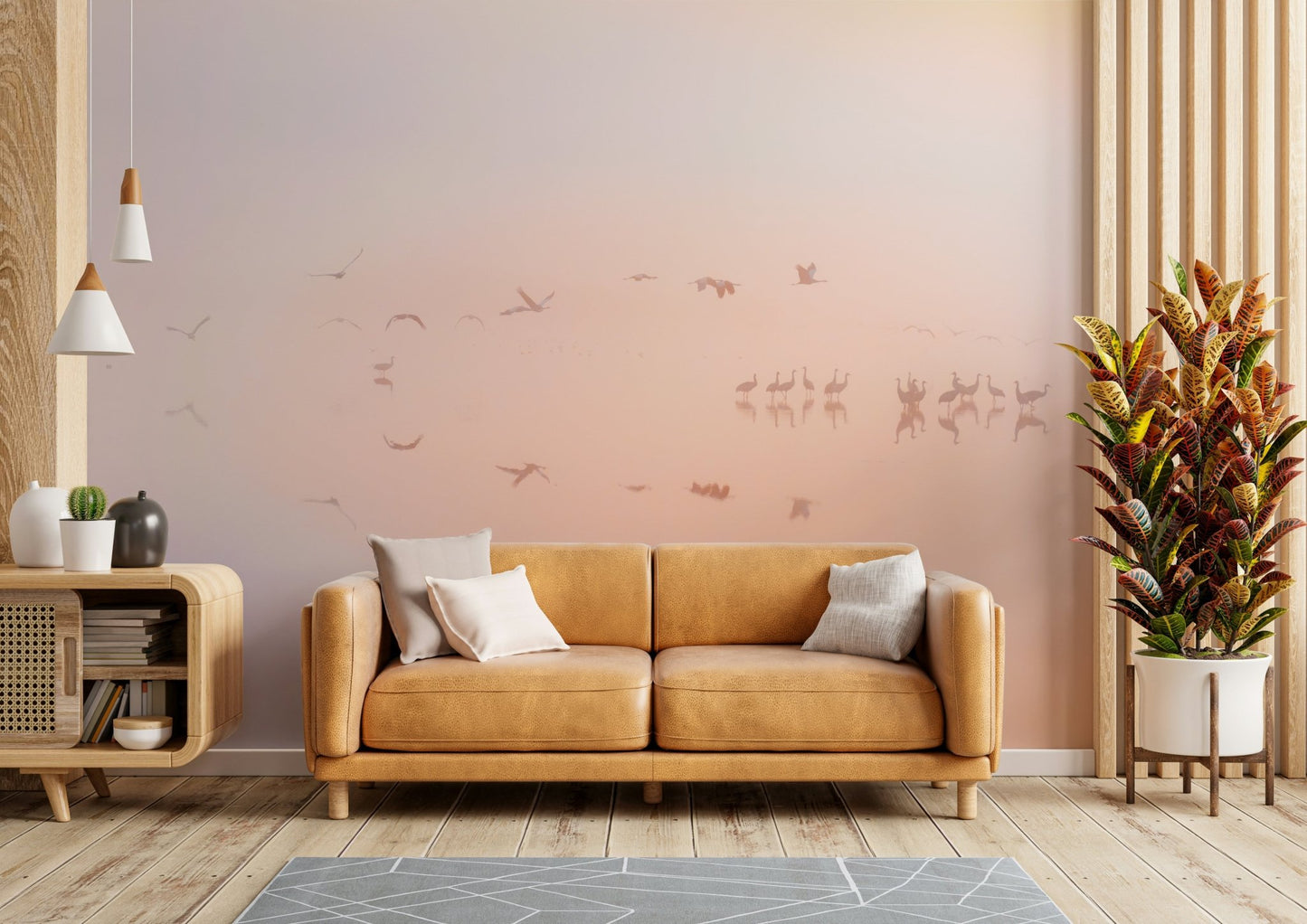 Graceful birds in fog wallpaper
