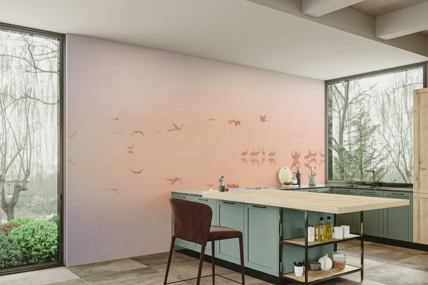 Picture of Dreamy Misty Sunrise with Cranes Wall Mural
