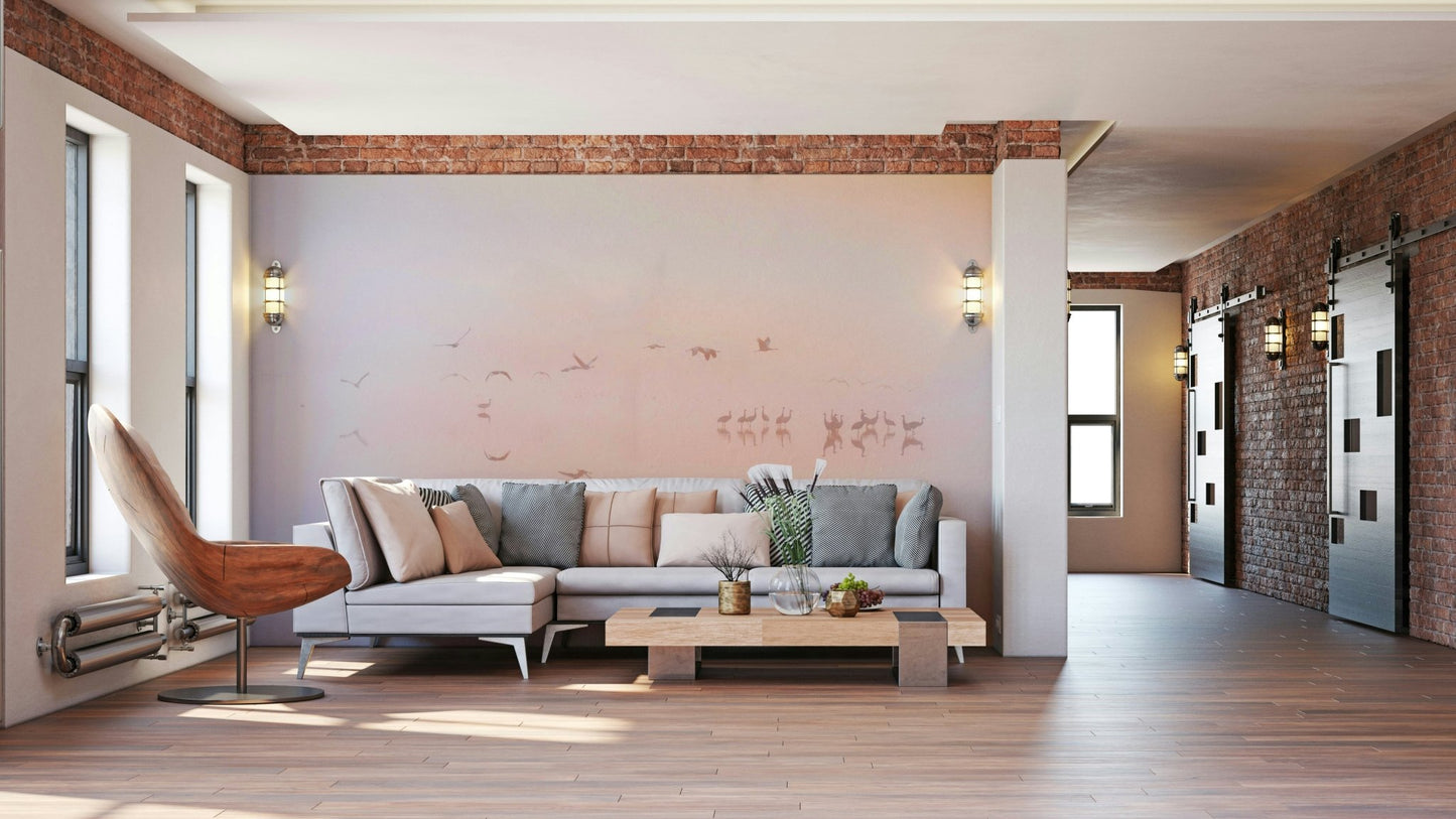 Cranes flying at dawn mural
