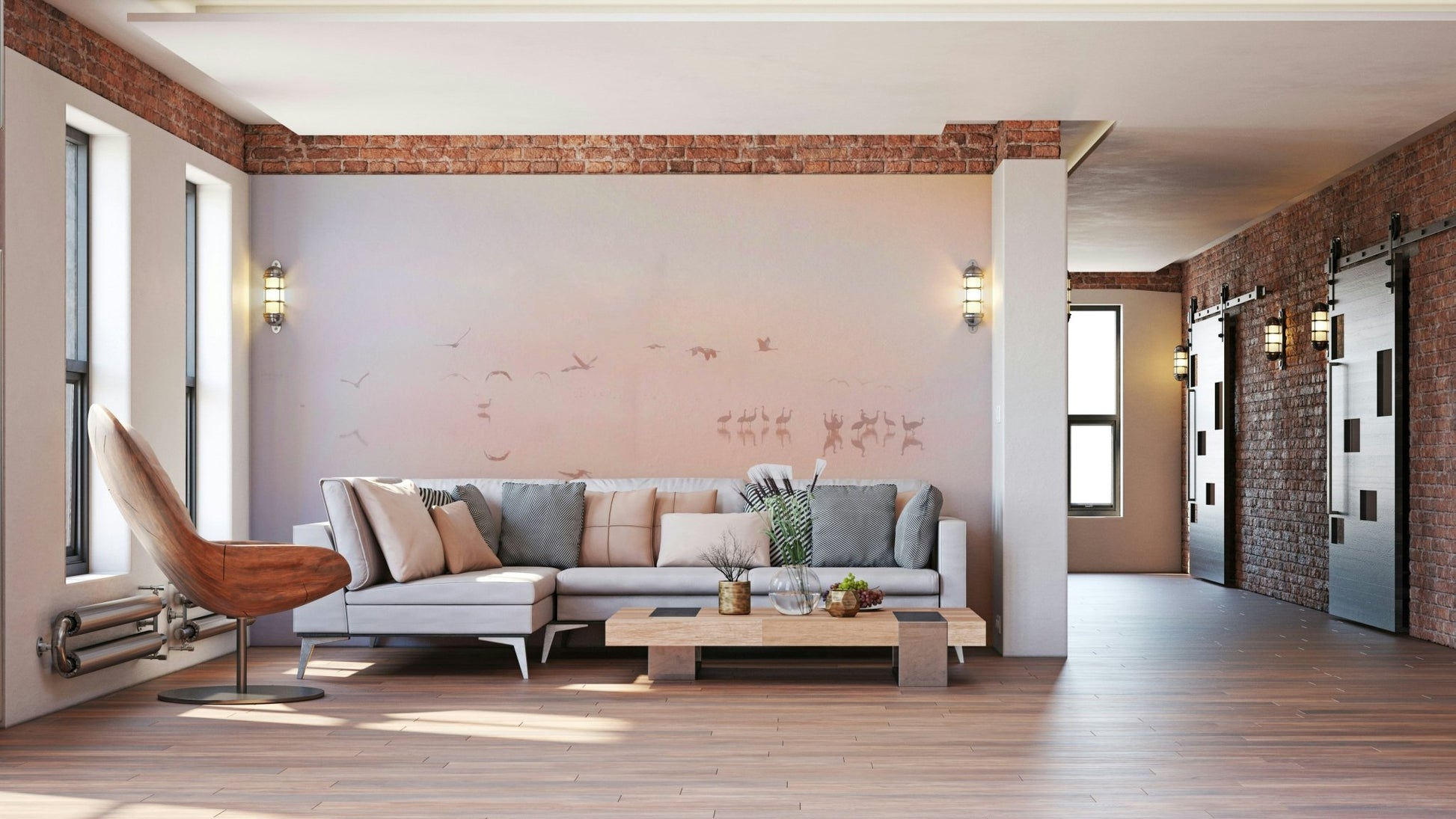 Cranes flying at dawn mural
