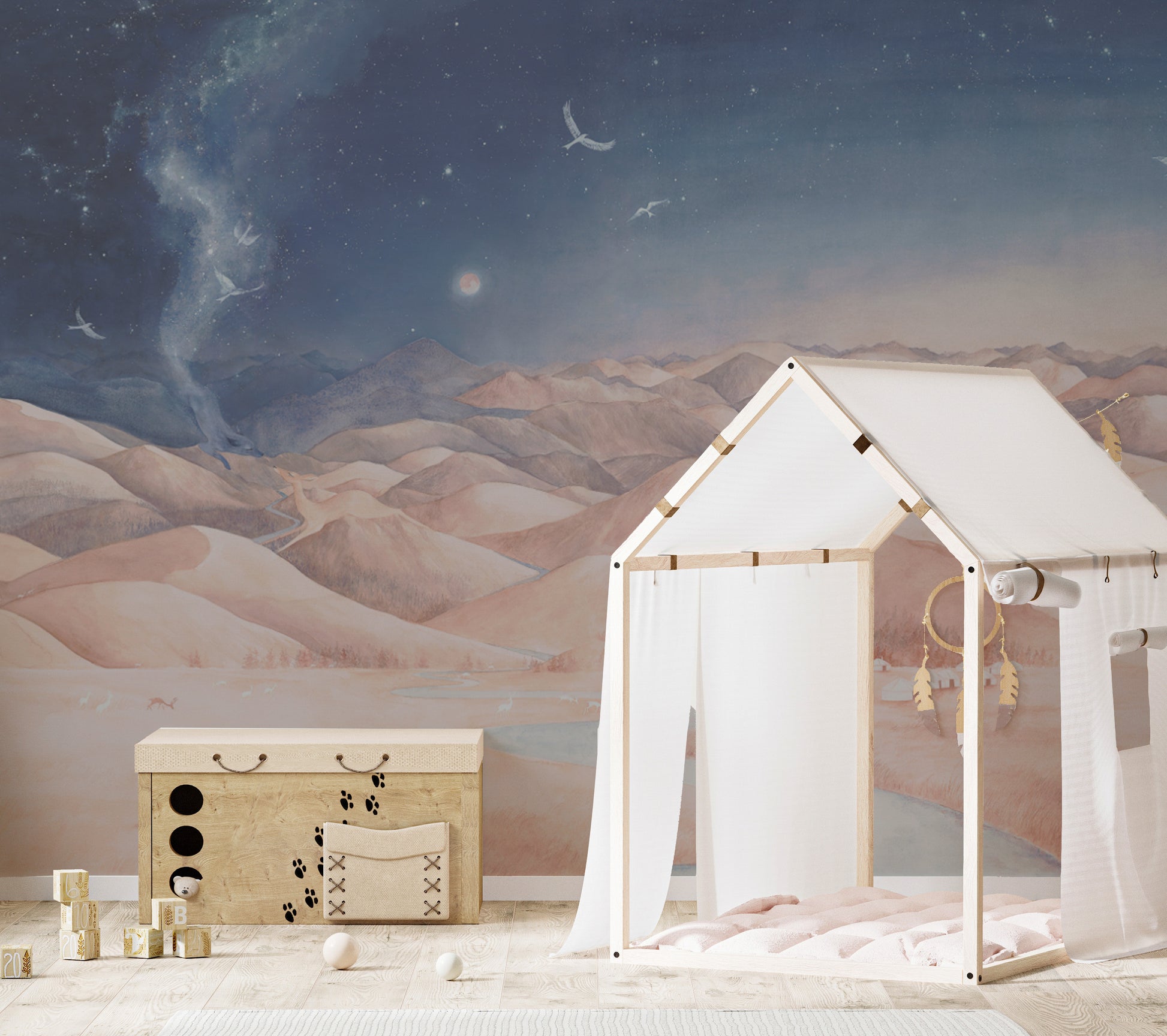 Ethereal night mountain nursery wall art
