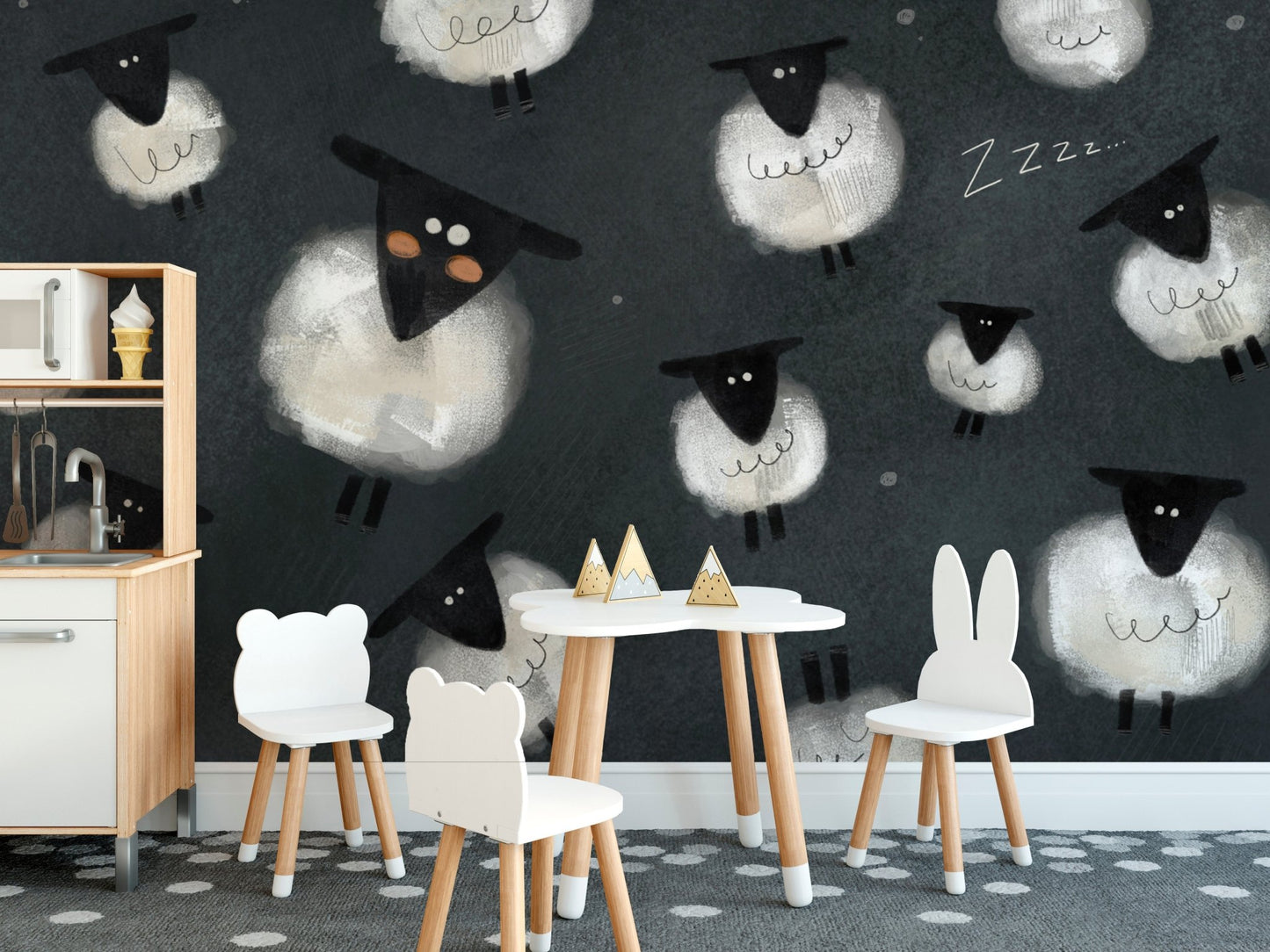 Soft woolly sheep floating in night sky
