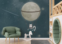 Charming cat with moon and stars mural for kids