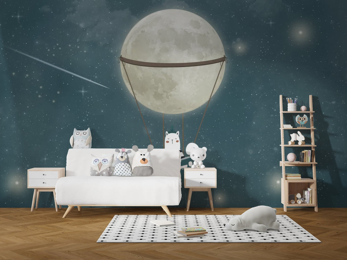 Whimsical cat floating with moon and stars, C84