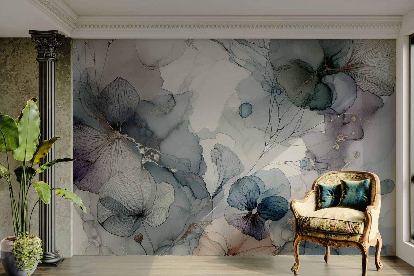 Watercolor-style mural of blooming dreamy florals.

