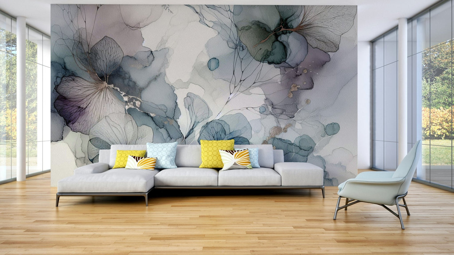 Dreamy petals mural in soft pink and ivory tones.


