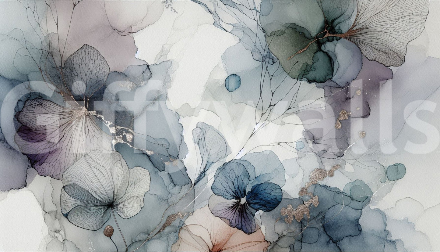 Petal-inspired mural with light, romantic ambiance.

