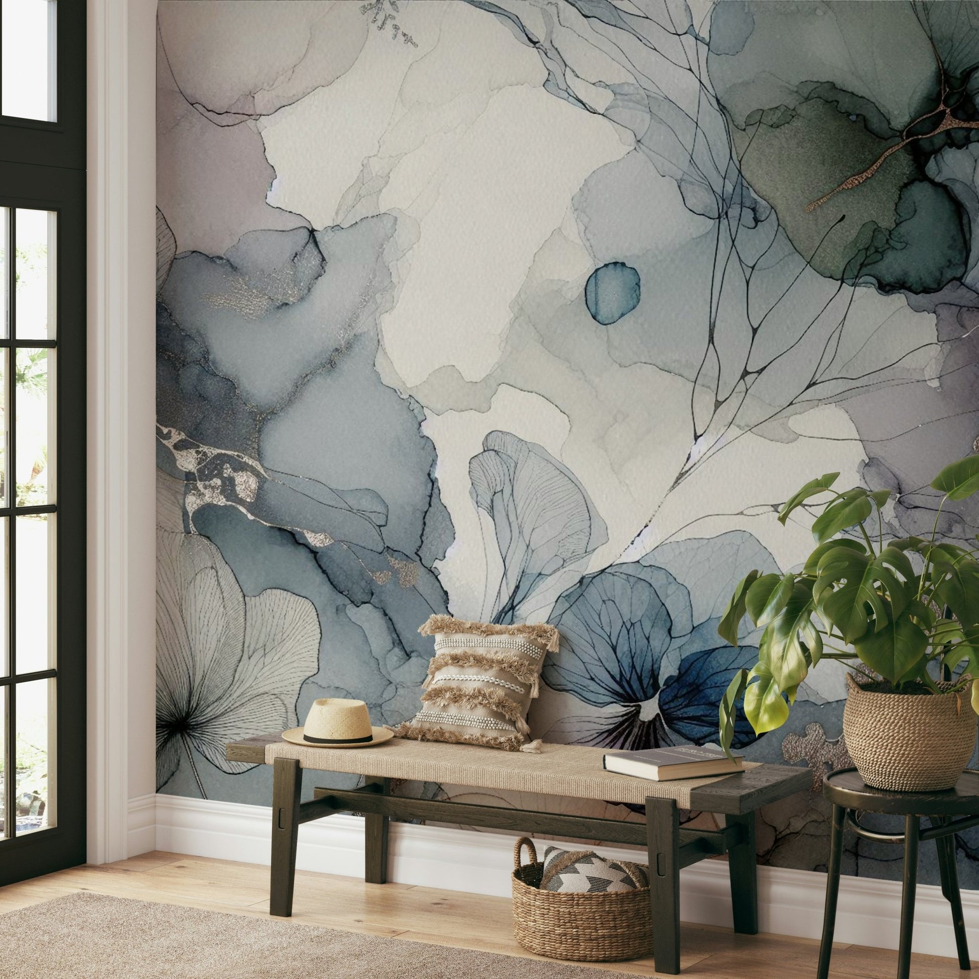 Elegant mural of petals drifting across a pale canvas.

