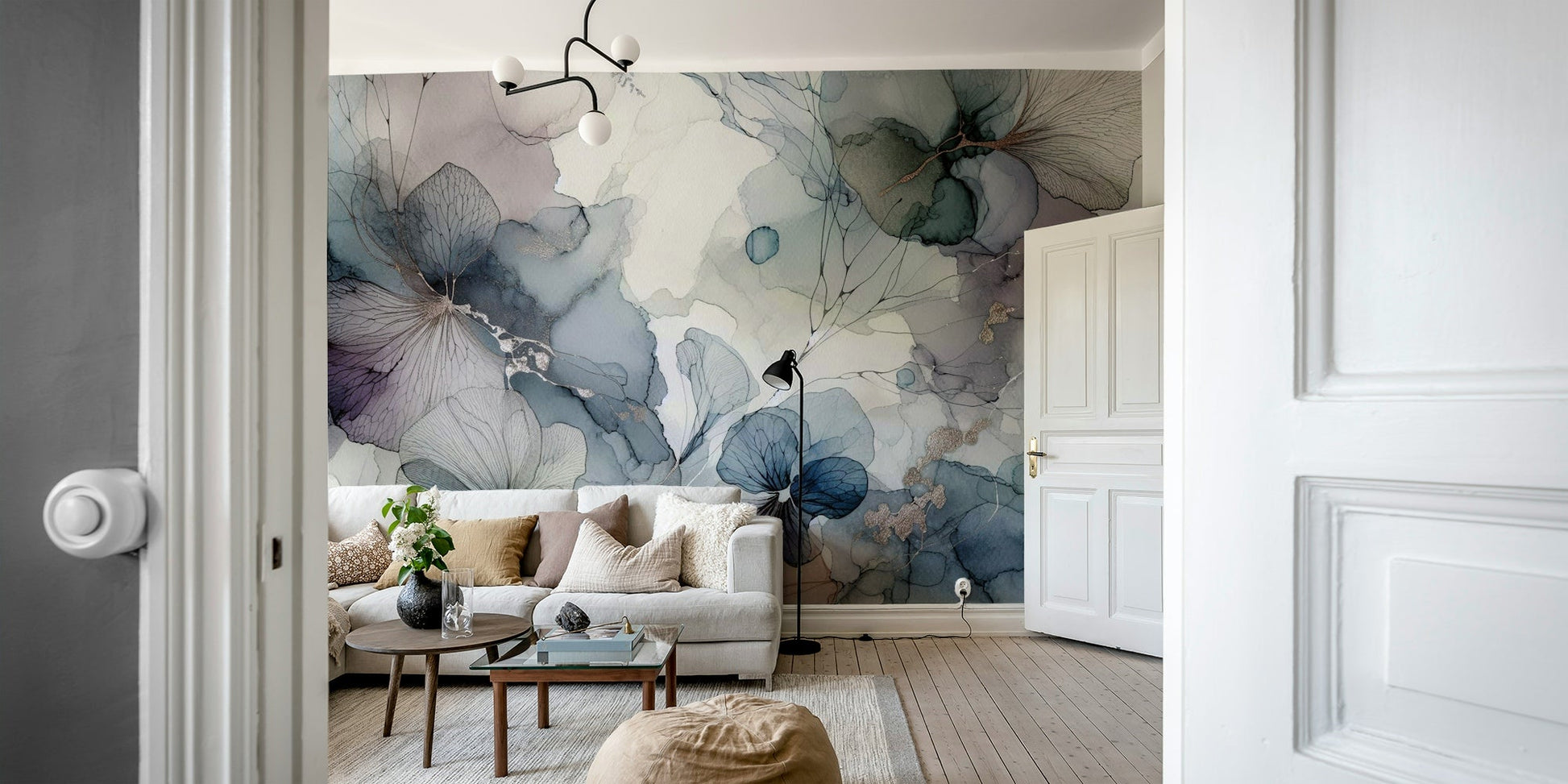 Ethereal petal mural with faded blush and cream hues.


