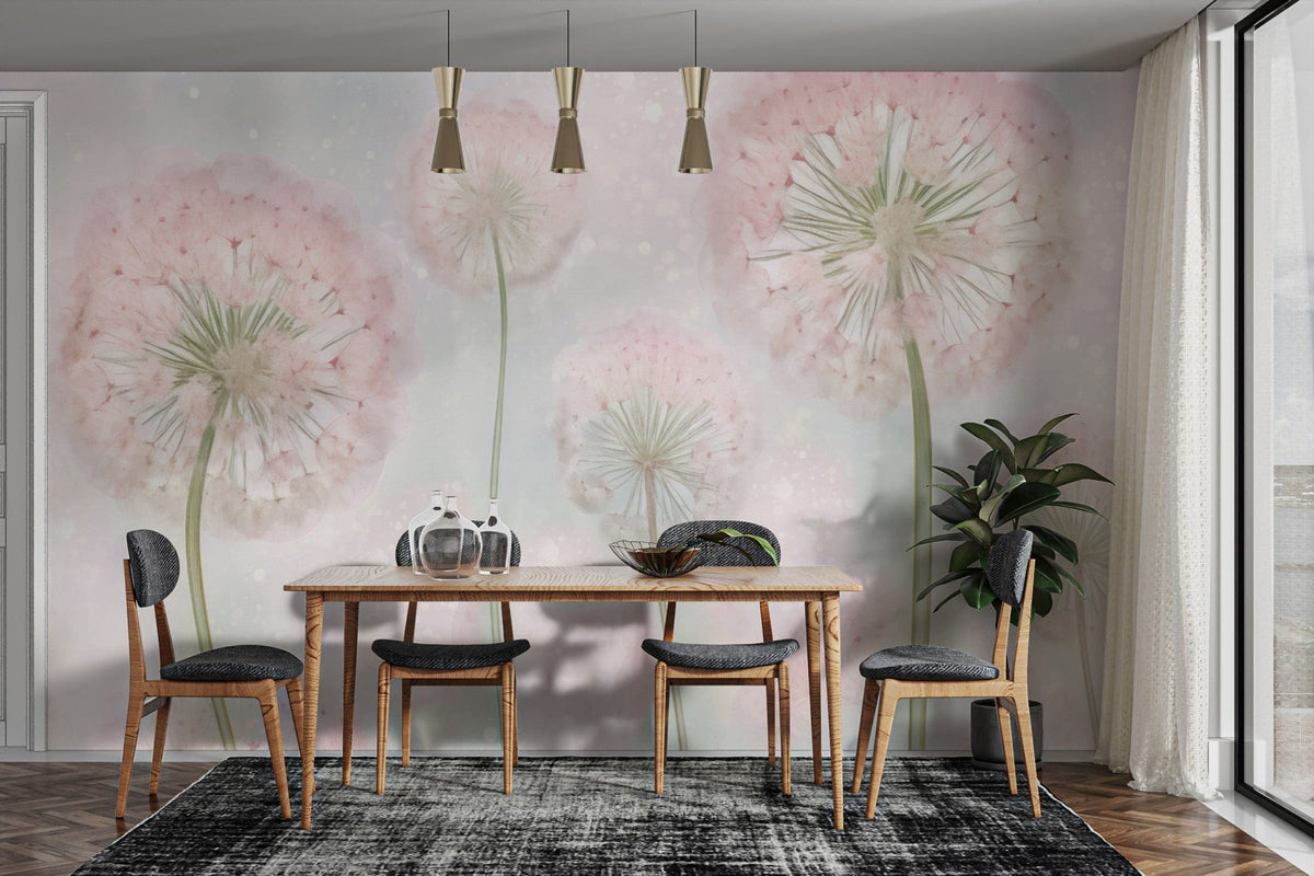 Pink color dandelion seeds wallpaper mural for a soft, whimsical space. DTIL26
