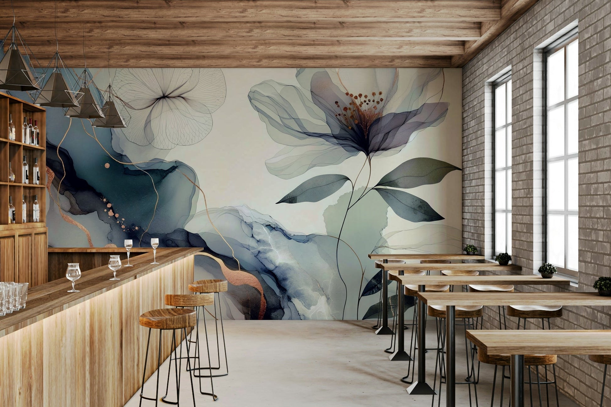 An elegant sage flower wall mural for tranquil decor., GD4578