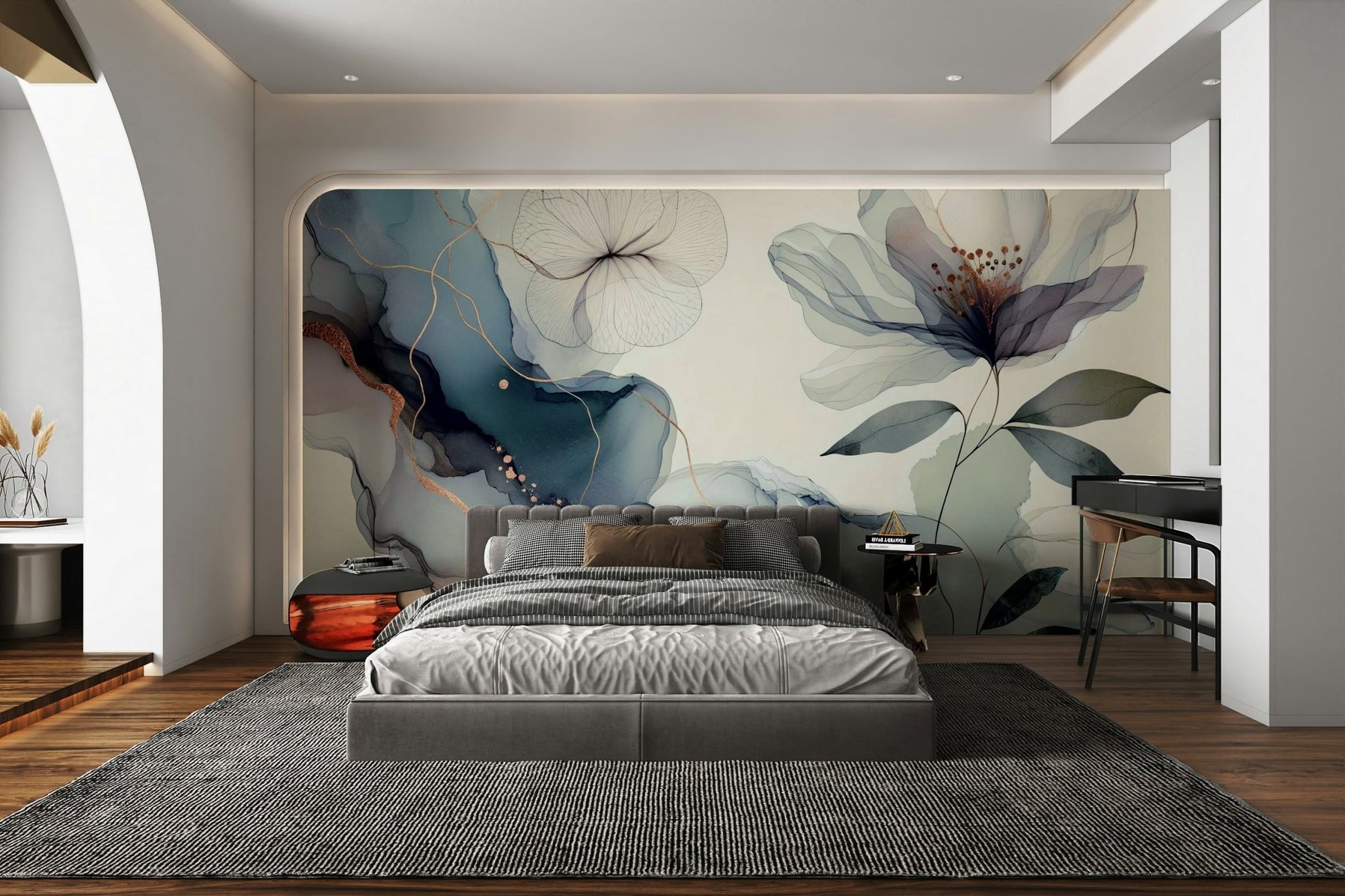 A charming blue botanical mural for stylish wallpaper., GD4578