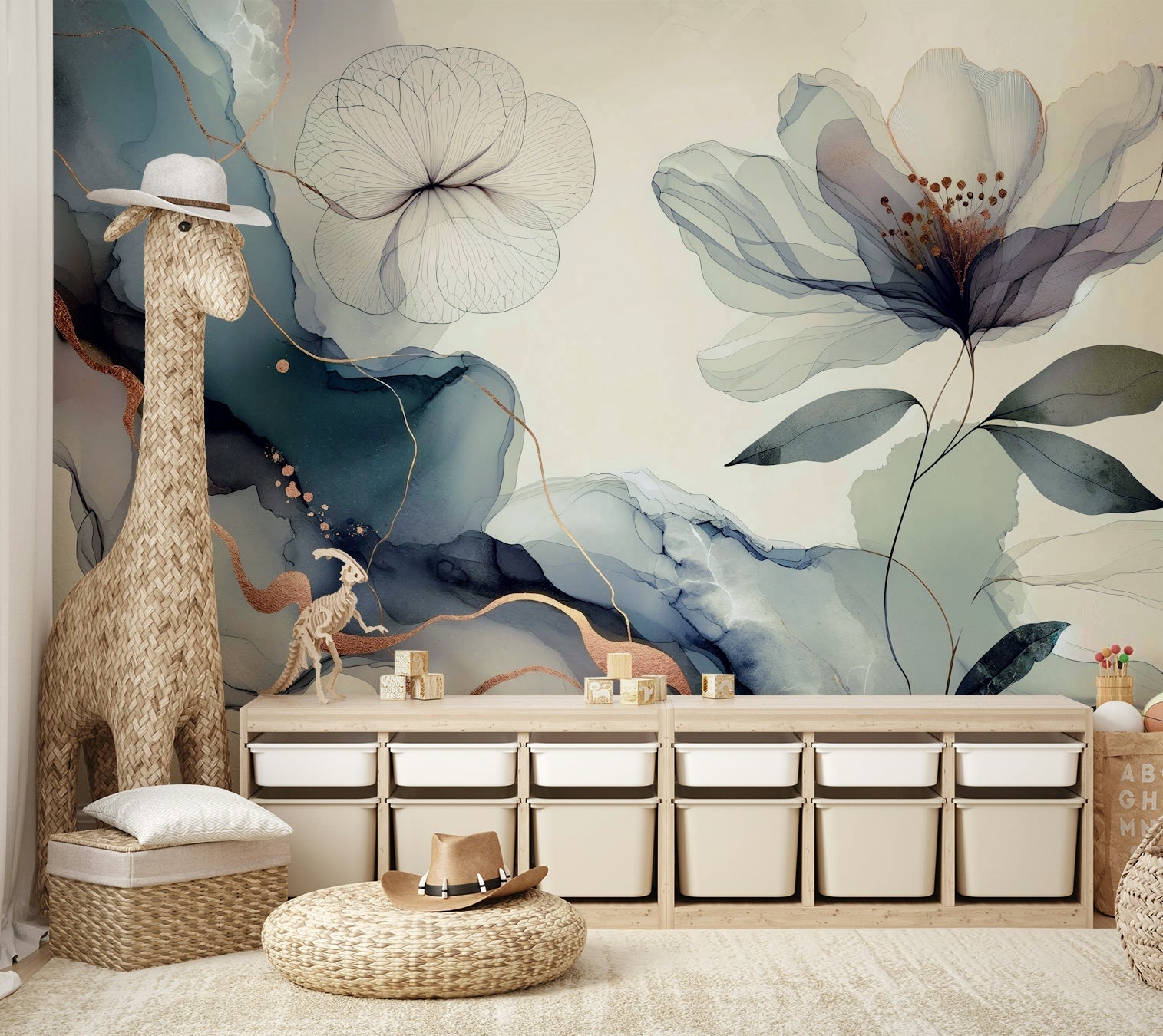 A peaceful blue garden mural on decorative wallpaper., GD4578