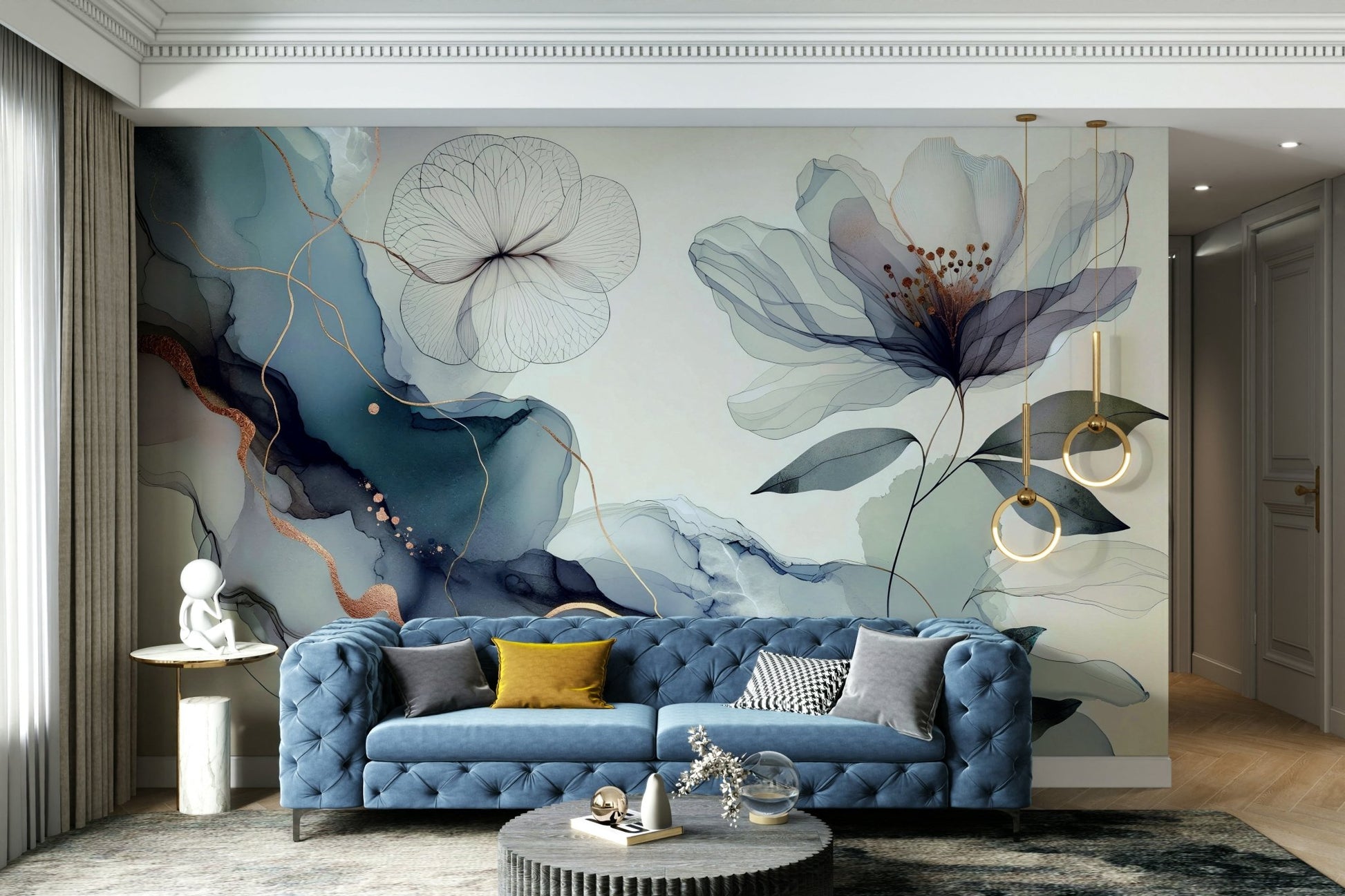 A graceful botanical wall mural in soft, dreamy tones., GD4578
