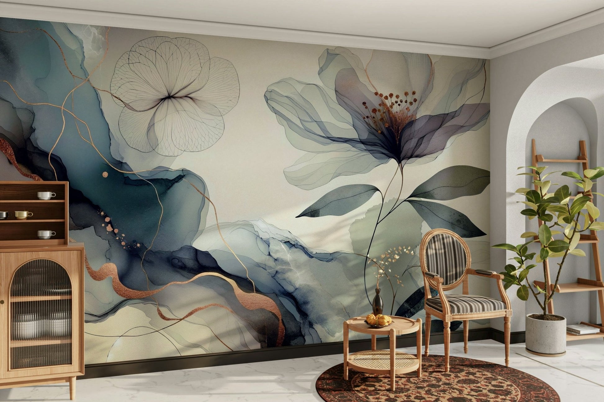 A dramatic botanical wallpaper mural that defines a space., GD4578