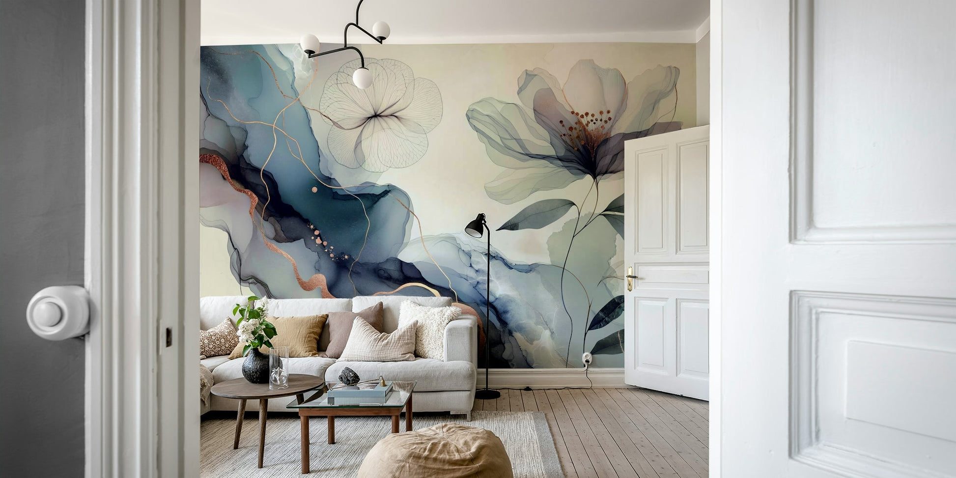 A tasteful sage garden wall mural for a bedroom., GD4578