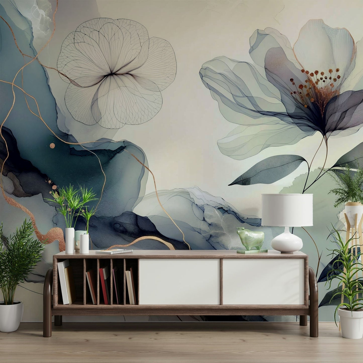 A classic floral wallpaper for walls with a blue background., GD4578