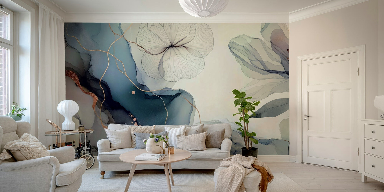 A beautiful blue floral wallpaper mural with a dreamy garden theme.

