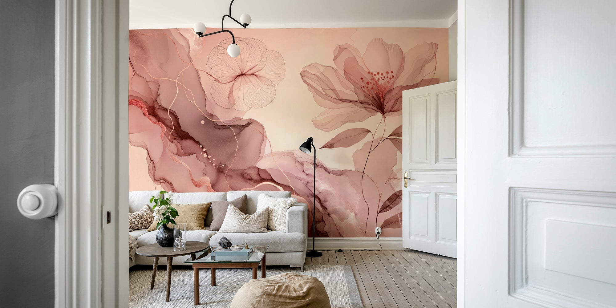 A beautiful sage garden wallpaper mural with rose gold detail., GD4579