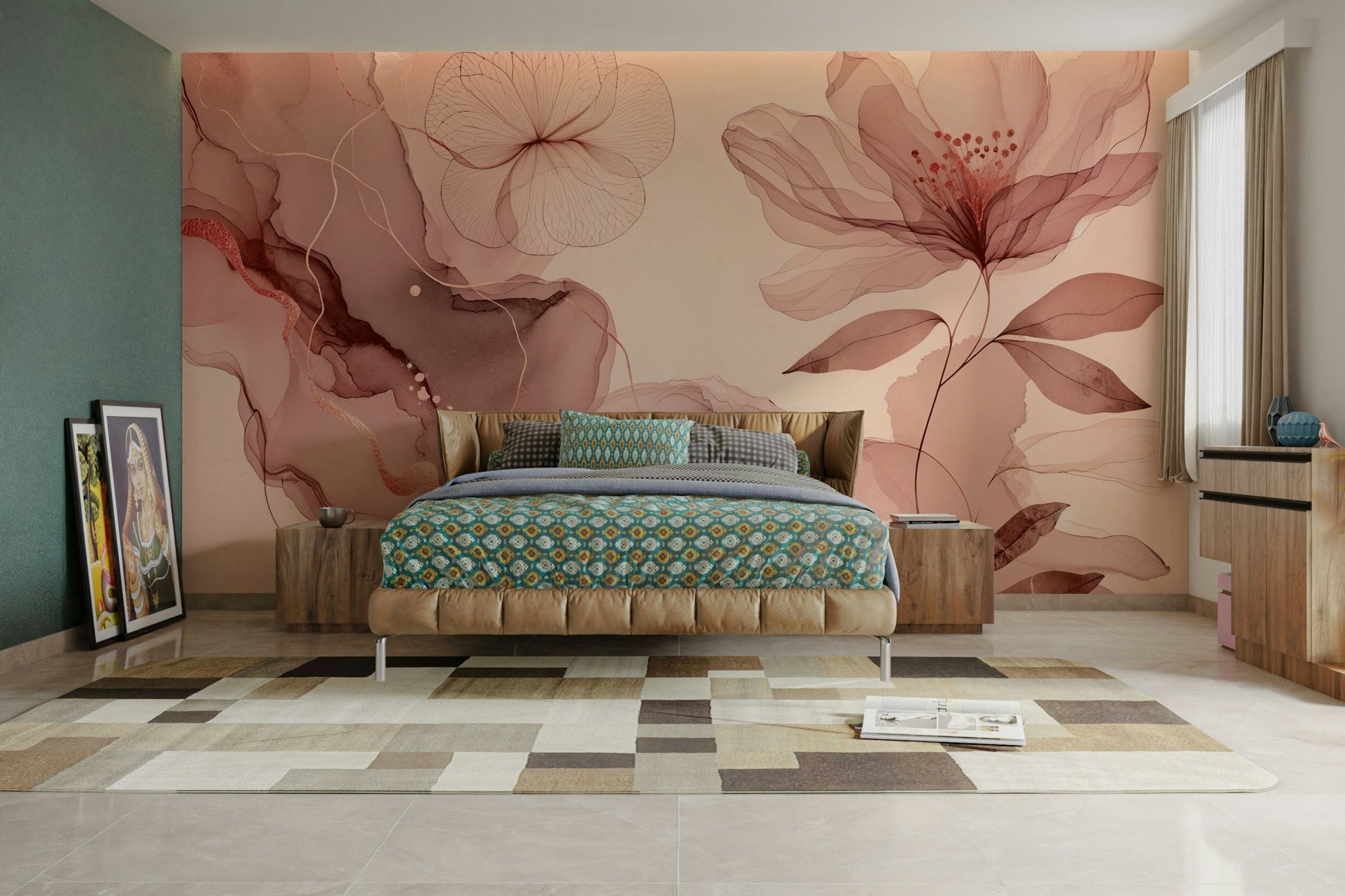 A calming landscape wallpaper mural that defines a space.

