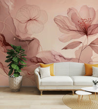 A tranquil floral design mural on decorative wallpaper.

