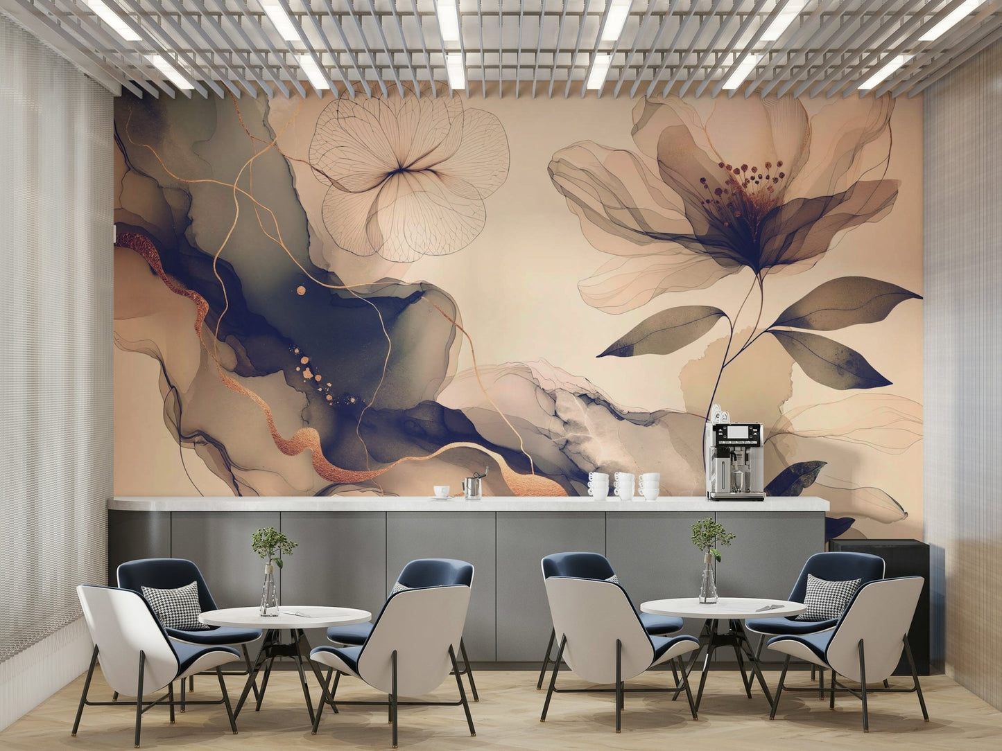 A tasteful nostalgic wall mural of a peaceful garden.

