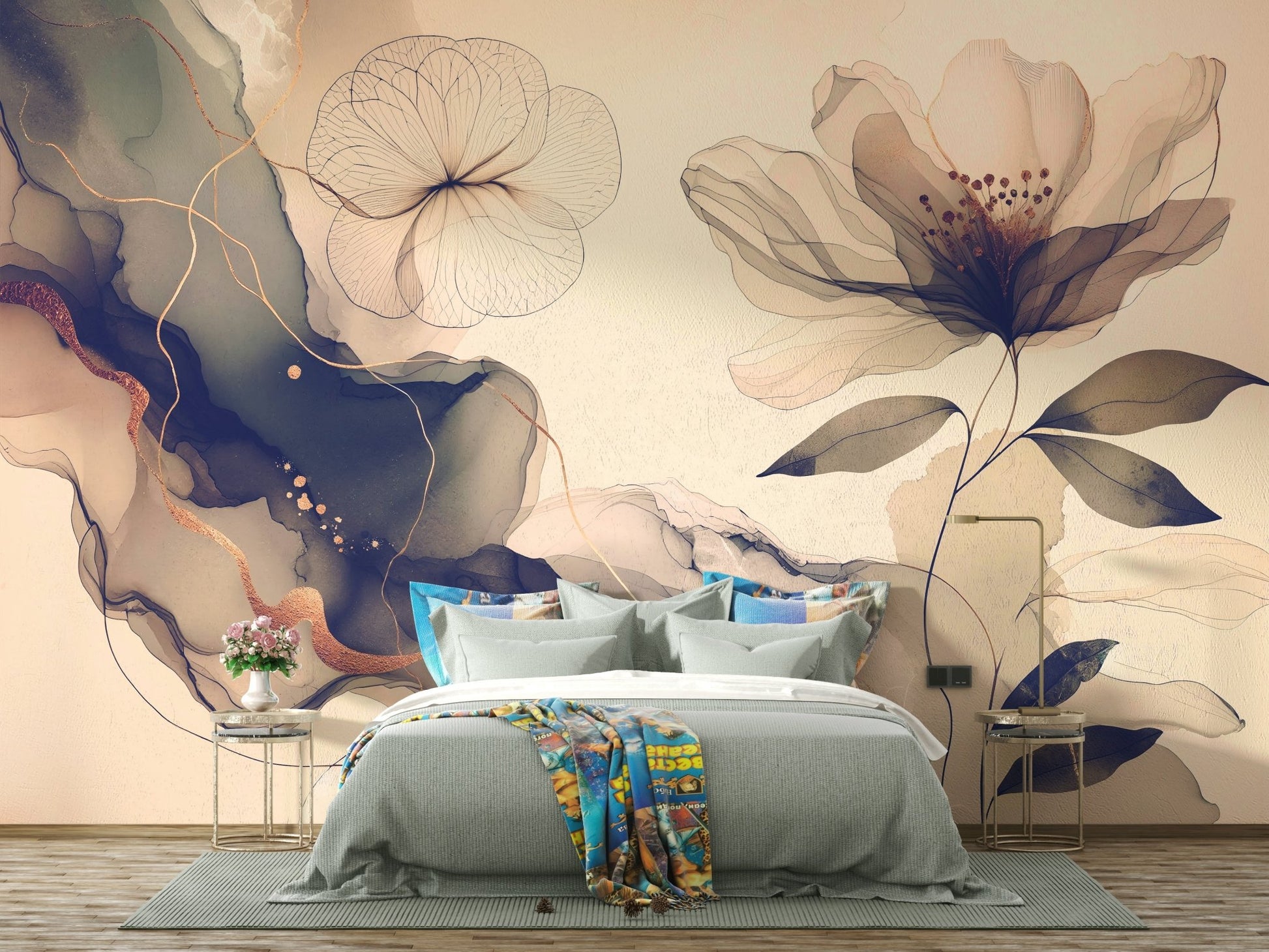A tranquil botanical garden mural on decorative wallpaper.

