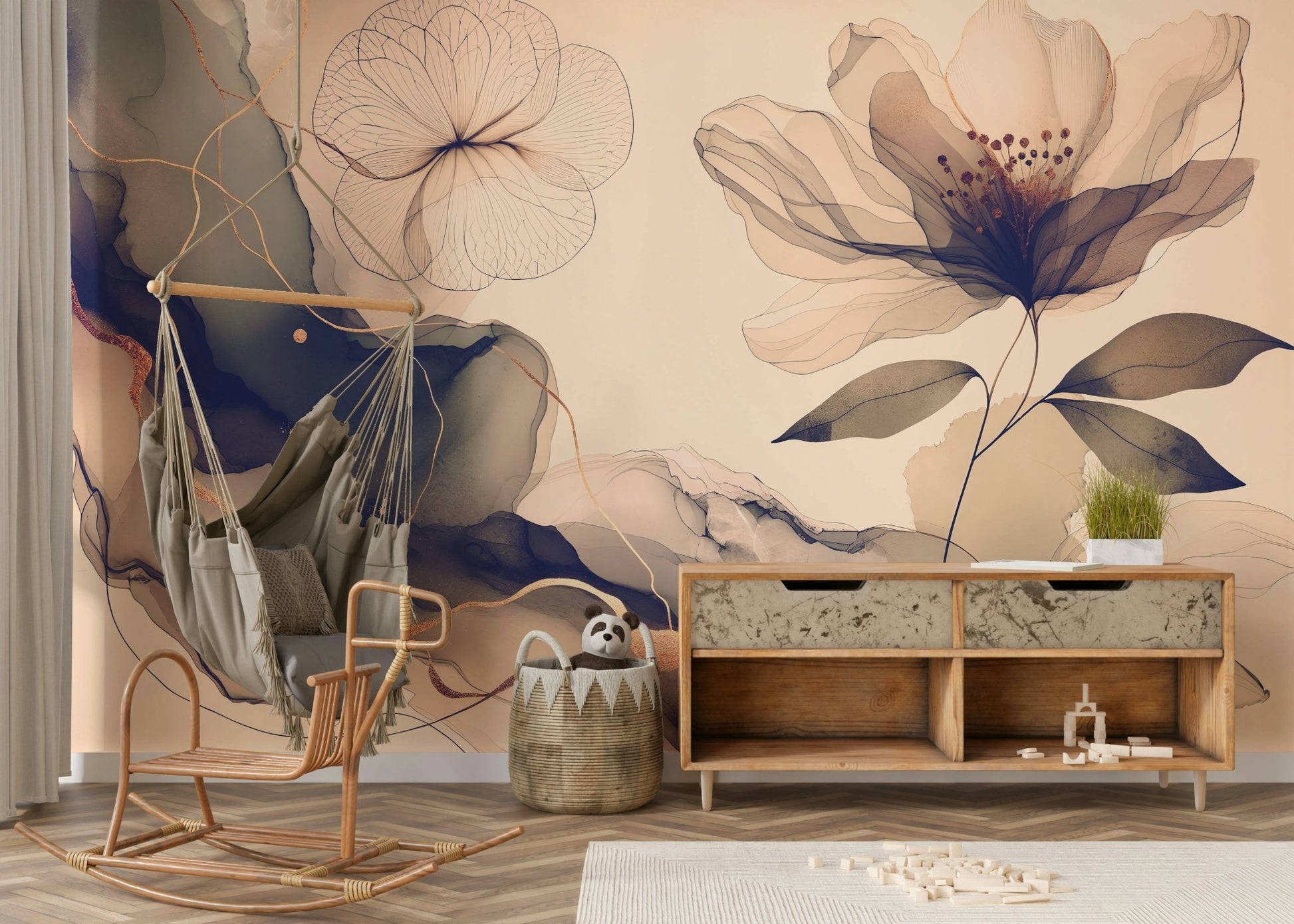 A serene botanical wall mural for vintage decor.

