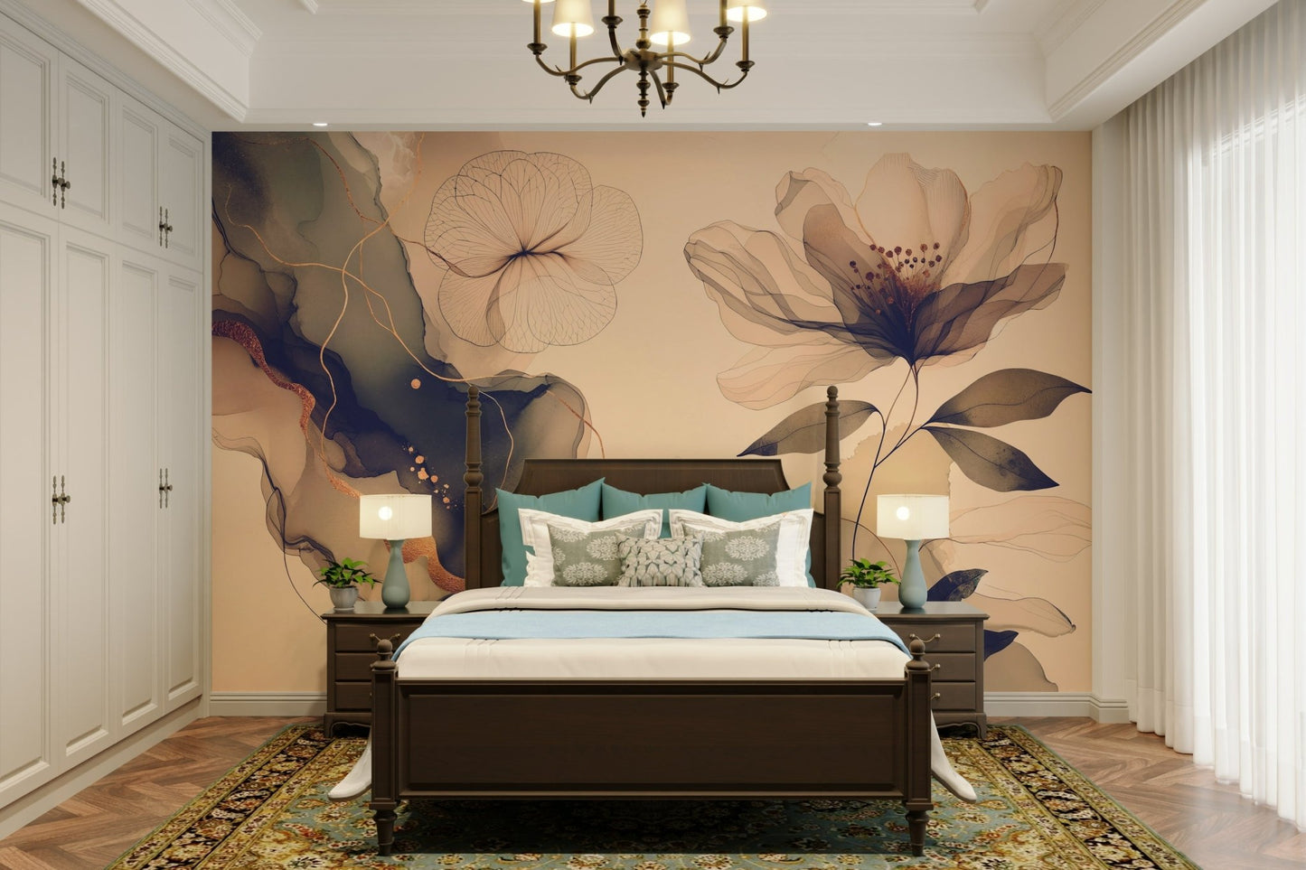 An artistic sepia botanical mural for home decor.


