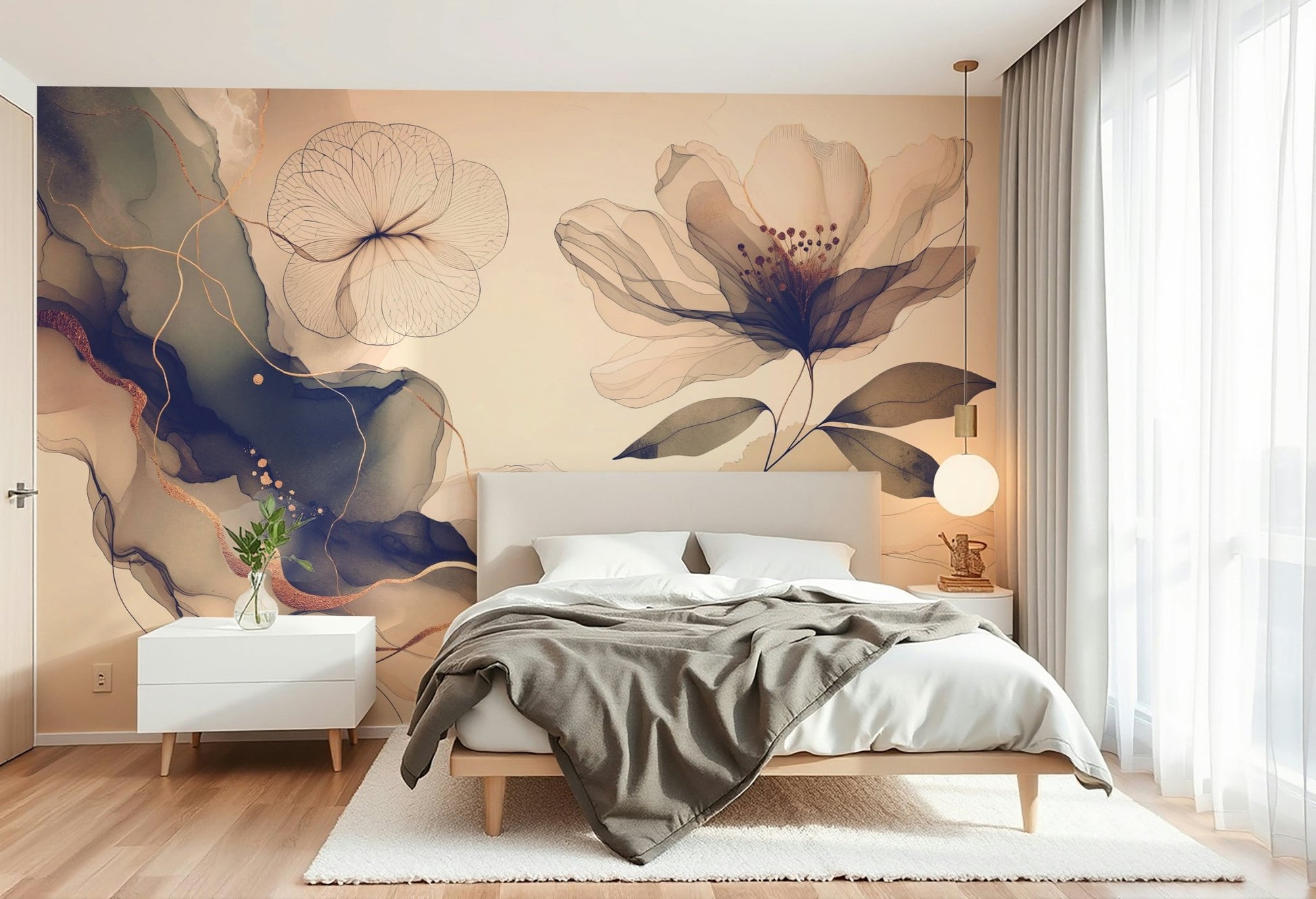 A beautiful sepia floral wallpaper mural with subtle sage tones.

