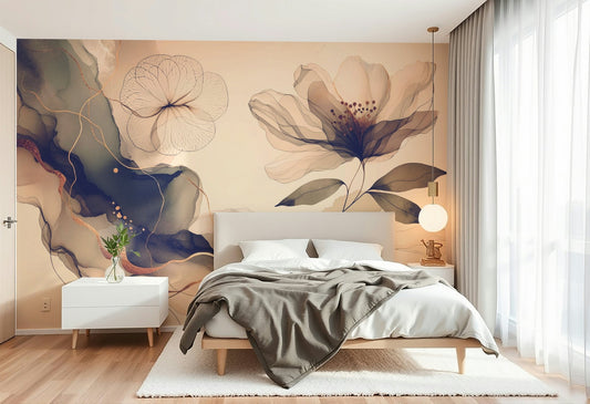 A beautiful sepia floral wallpaper mural with subtle sage tones.


