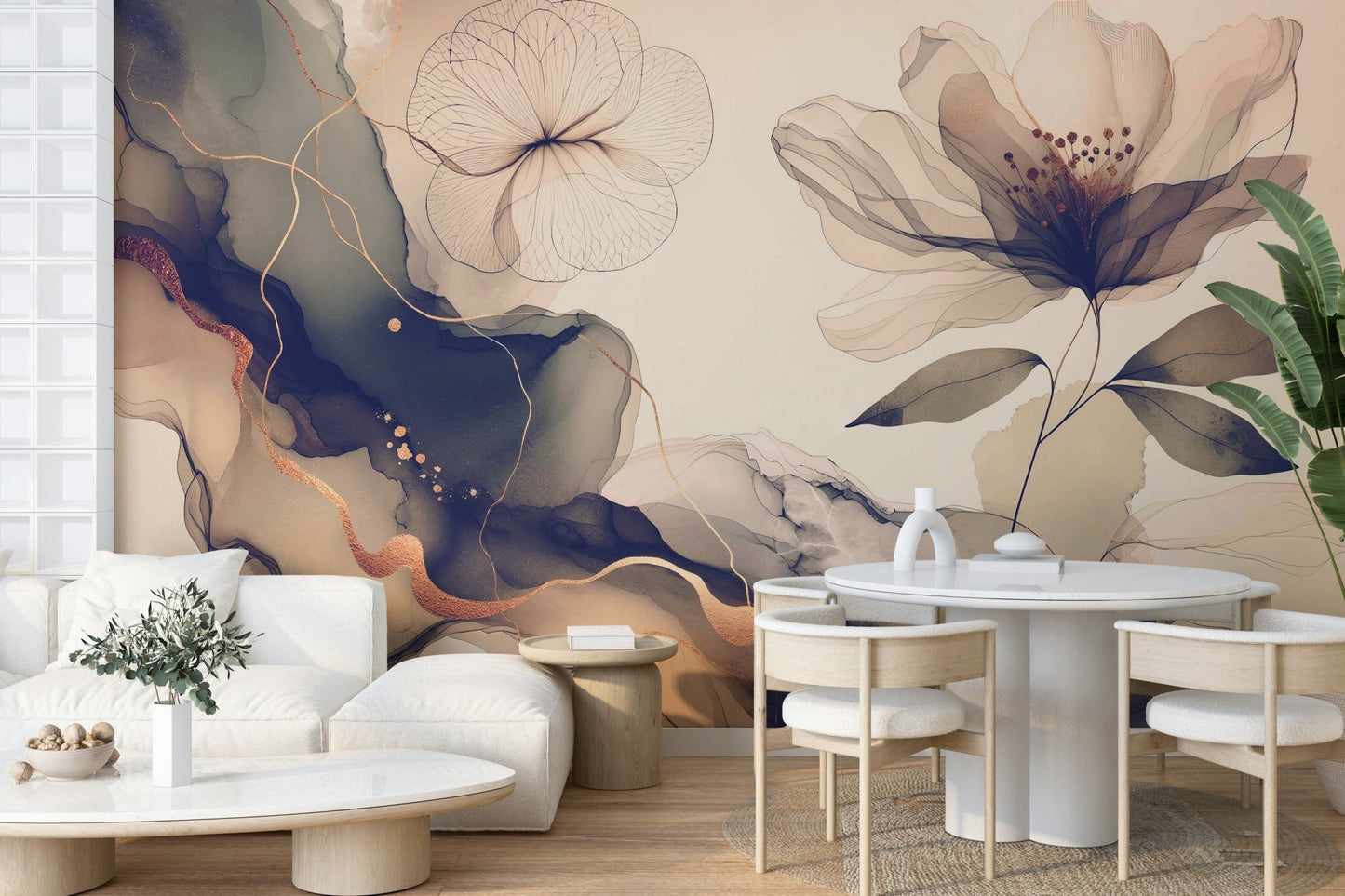 A graceful sage flower wall mural in soft, sepia tones.

