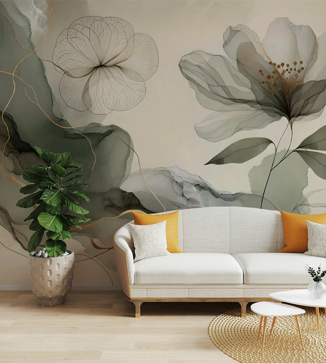 Peaceful garden wall mural with sage tones

