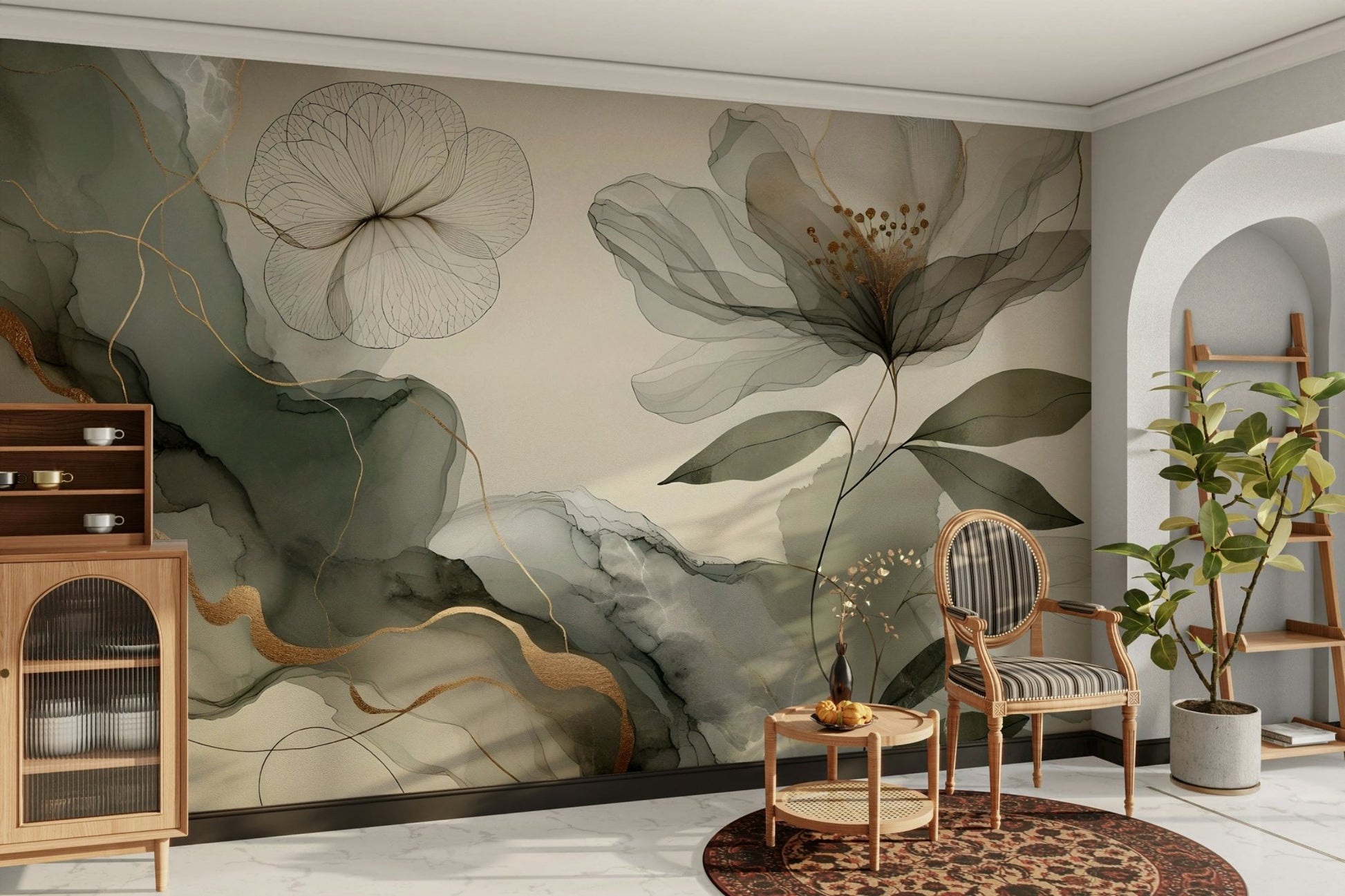 Tranquil sage garden mural design for walls

